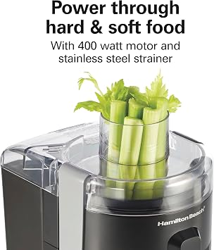 Hamilton Beach HealthSmart Juicer Machine, Compact Centrifugal Extractor, 2.4 Feed Chute for Fruits and Vegetables, Easy to Clean, BPA Free, 400W, Black and Gray (67502)