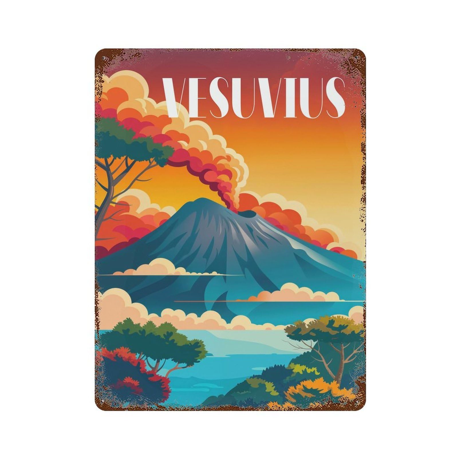 Rust Effect Fiery Vesuvius Aged Metal Wall Plaque 15.7"x11.8", Shabby Chic Decor for Basement, Hobby Room And Garage Decor