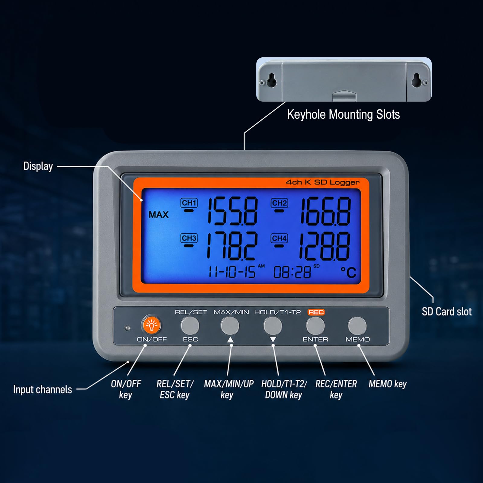 Termometro Digitale 4 Canali K-Type con Registrazione Dati SD, Allarme Programmabile, Registratore di Temperatura Multicanale