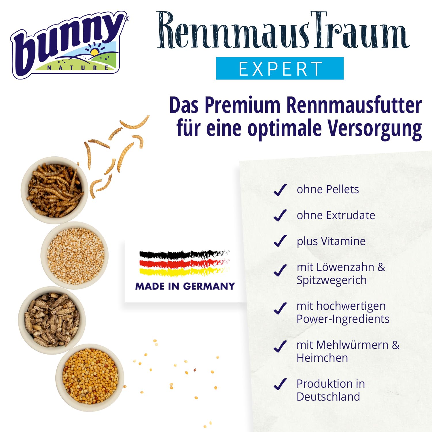 bunny Nature RennmausTraum Expert – Mangime completo per gerbilli – Mix di mangime per roditori con vitamine, ingredienti potenti e vermi – 500 g