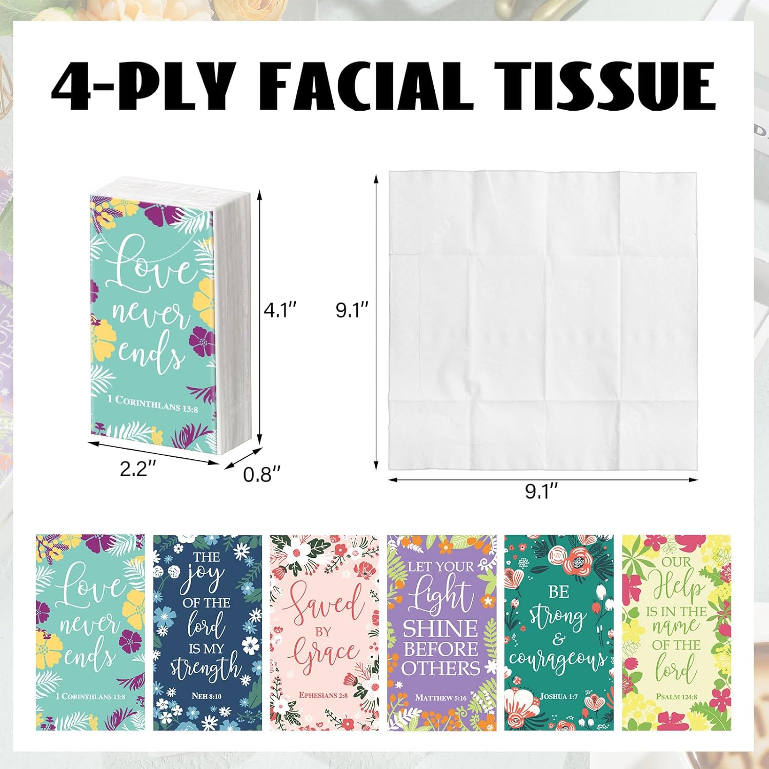 Outus 60 Pack Christian Pocket Tissues Travel Size 4 Ply Bible Verse Tissues Bulk 600 Sheets Inspirational Facial Individual Religious Gift for Christmas Church Wedding Travel(Flower Style)