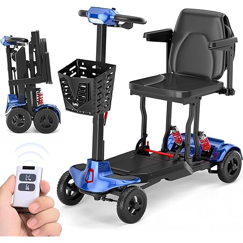 Auto-Folding Mobility Scooter for Adults & Seniors,40 LBS Lightweight Portable 4 Wheel Scooter,Transformer Remote Control Folding Scooter 15AH Battery 14 Mile Range, 275 lbs Capacity Bule