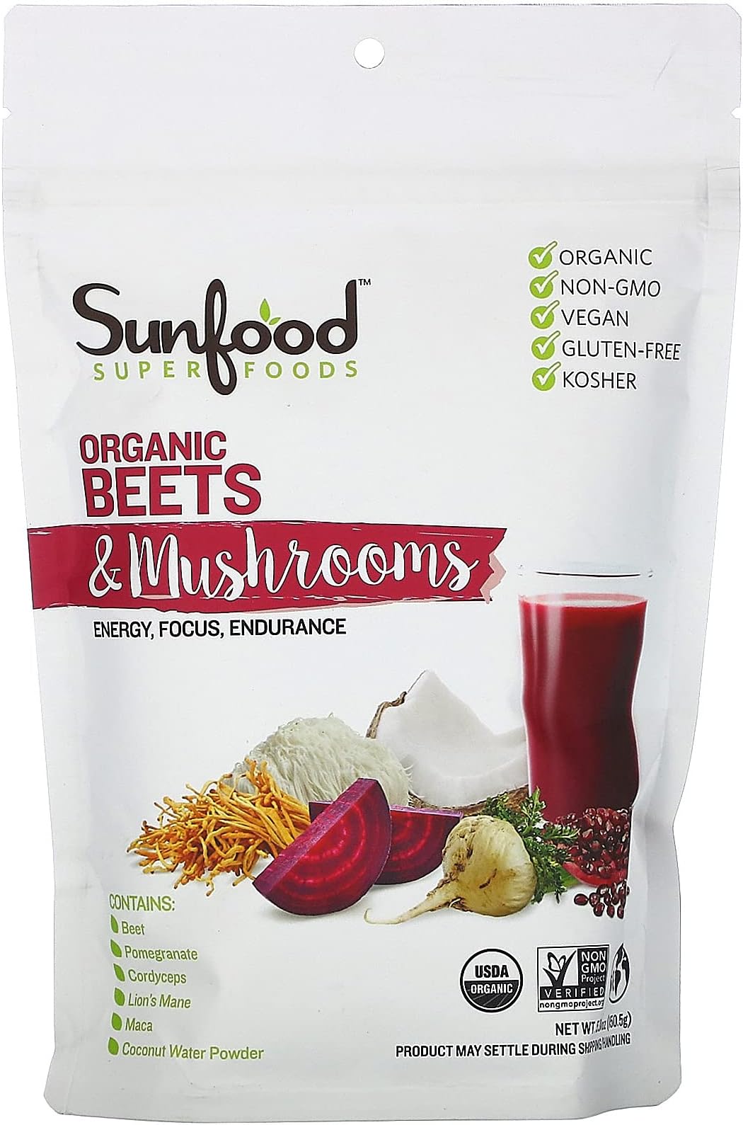 Organic Beets & Mushrooms for Men & Women - Mushroom & Beet Root Juice Powder with Lions Mane & Cordyceps, Blend in Smoothies & Drinks, USDA Organic, Gluten Free - 5.31 Oz Bag