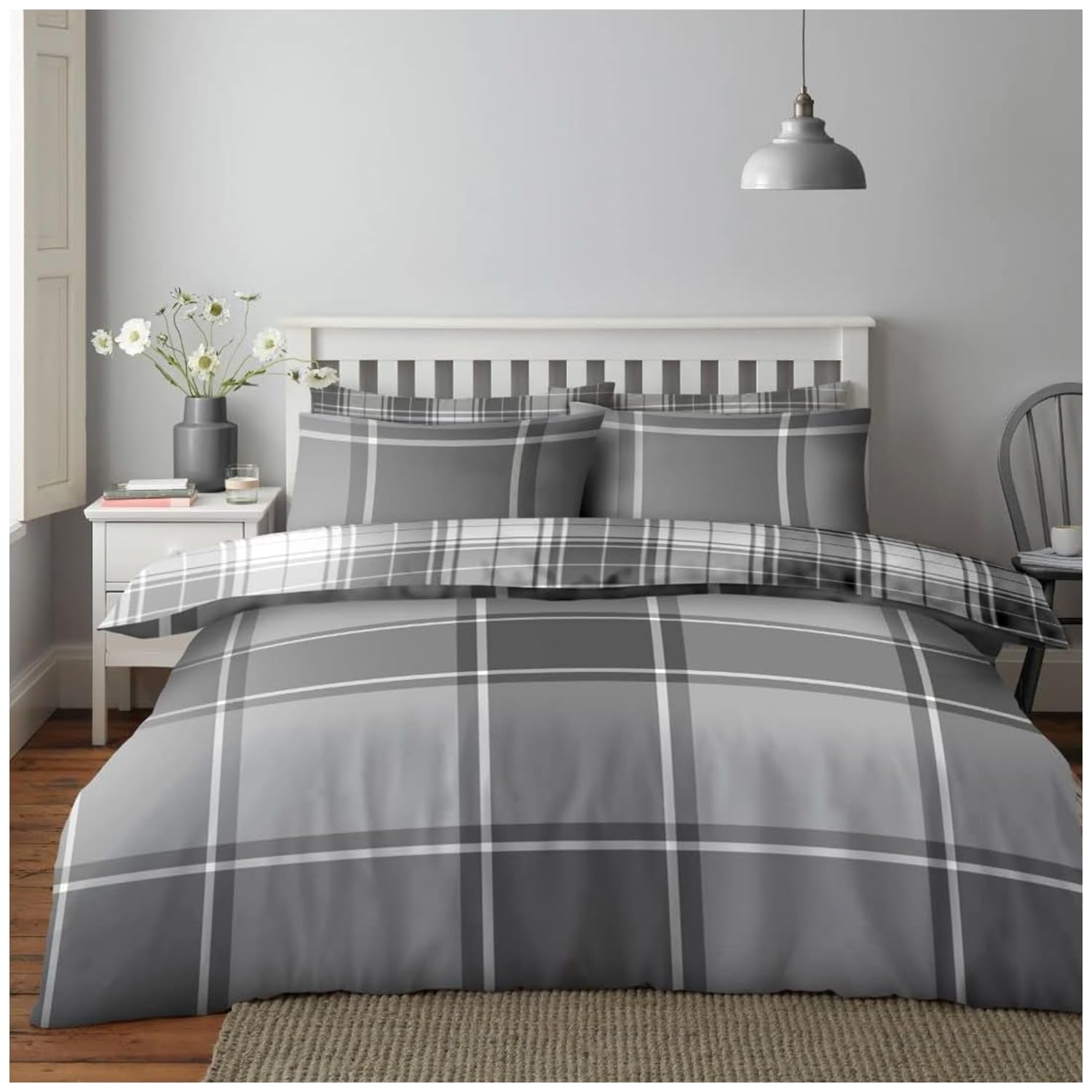 GC GAVENO CAVAILIA Tartan Duvet Covers Set, Reversible Bedcover Check Bedding Double Bed Set, Super Soft Quilt Covers with Matching Pillowcases, Grey
