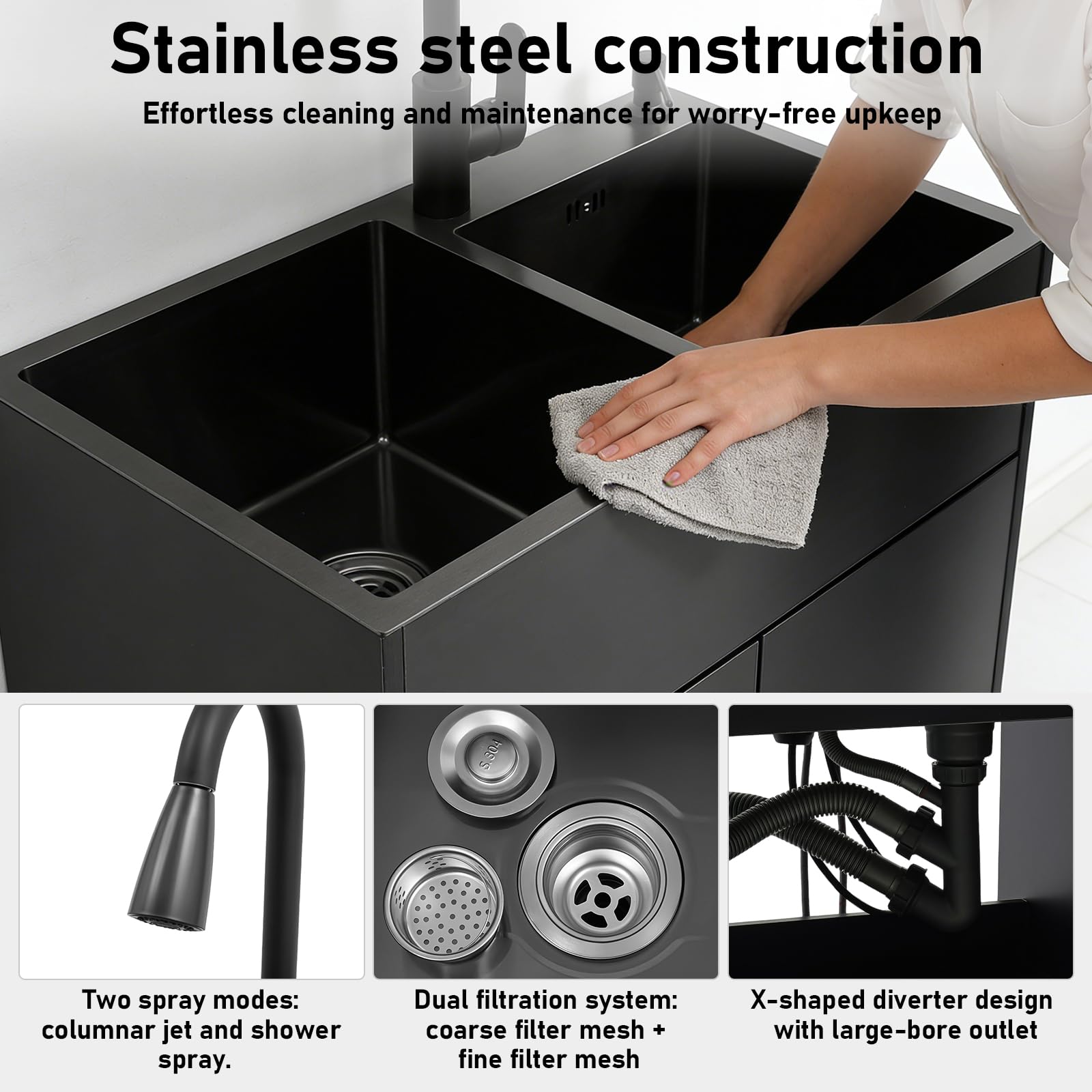 Lavello da cucina indipendente con mobile sottostante e rubinetto estraibile, lavandino in acciaio inox con cestello sgocciolante, 75x41x78cm. Lavello con mobile sottostante, lavabo per ristoranti