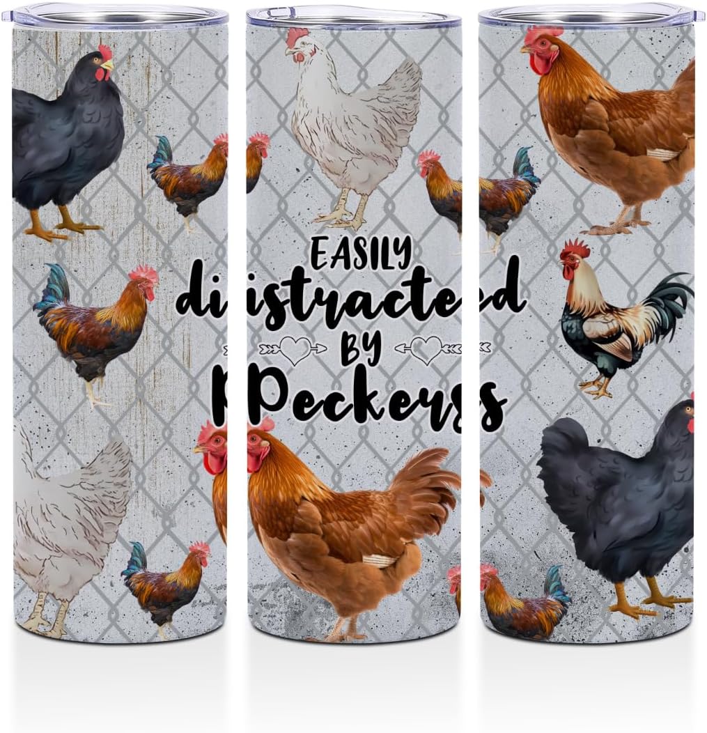 Chicken Gifts Funny 20 oz Skinny Tumbler Stainless Steel Slim Insulated Tumblers Straight Tumbler Cups Coffee Mug Thermal Travel Cup with Lid, Christmas Birthday Gifts Chicken Stuff for Women