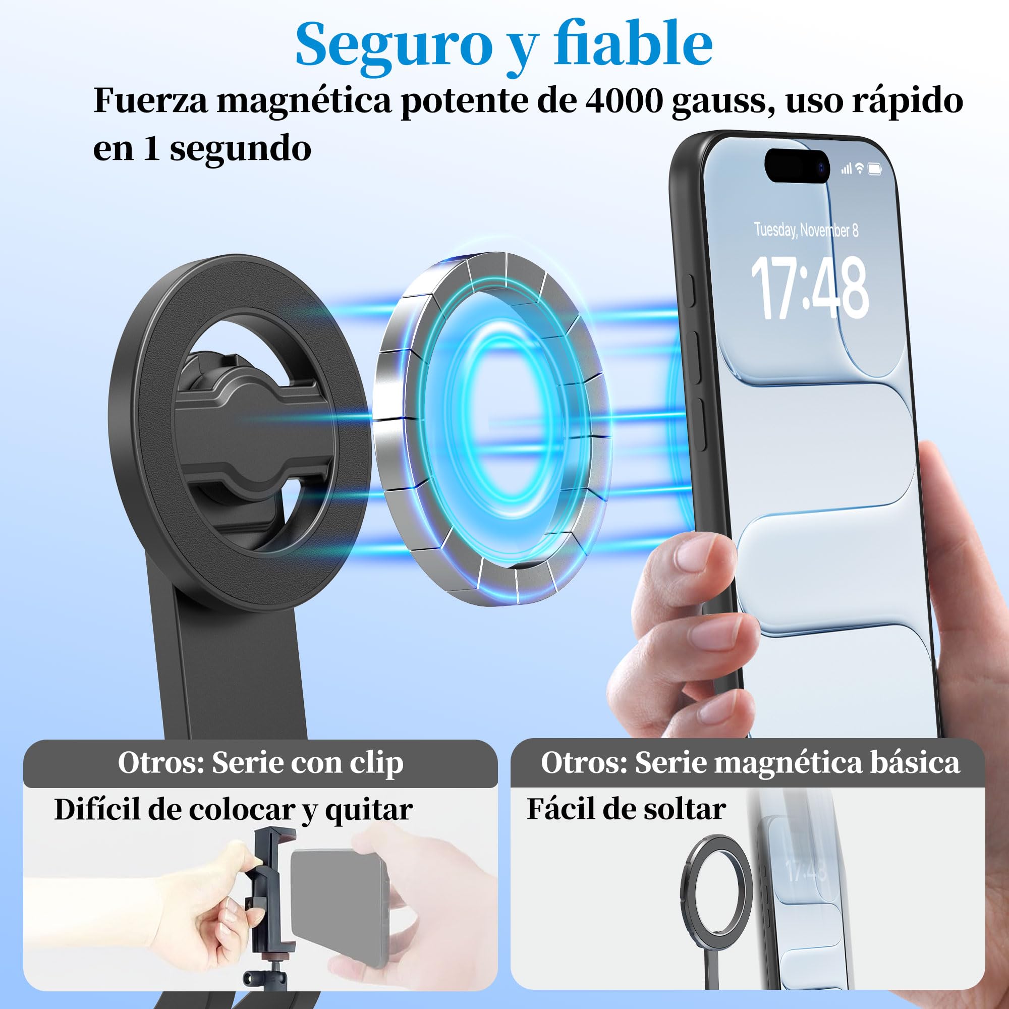 PlusAcc 176 cm Trípode magnético para MagSafe Selfie, Soporte de Aluminio Estable y Soporte de Viaje Giratorio 360°, Compatible con iPhone/Smartphones para Selfies, grabación de vídeo en Directo