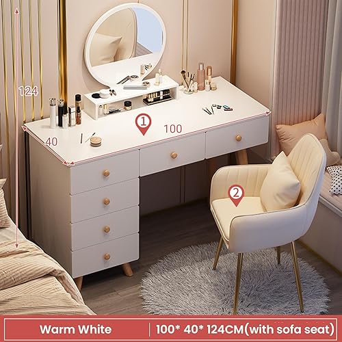 Miniatura 2 de Escritorio de maquillaje con espejo y luces, pequeña mesa de maquillaje para dormitorio con mucho almacenamiento, 3 brillo ajustable, tocador para