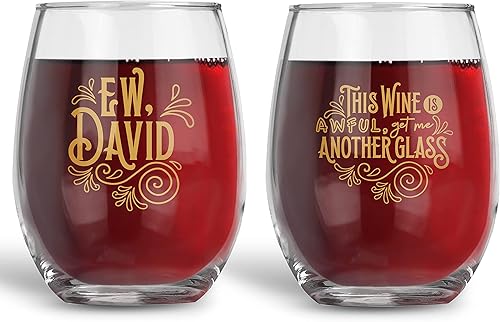 Bad Bananas EW David - This Wine Tastes Awful - Juego de dos copas de vino sin tallo de 21 onzas - Regalos para amigos - Regalos de amistad para