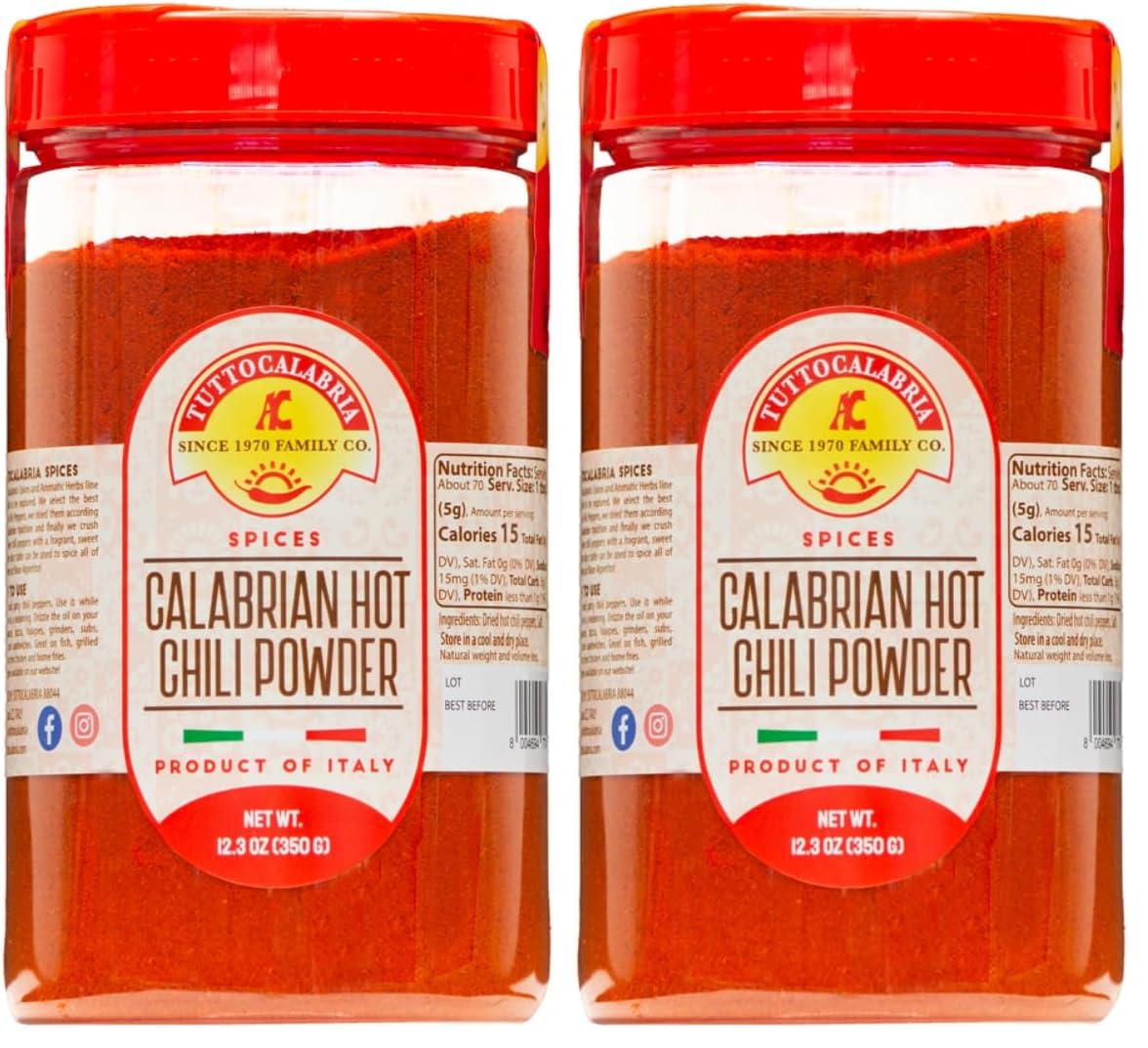 TUTTOCALABRIA Chili Powder, Calabrian Hot Chili Powder, Spicy Italian Seasoning, 350 gm (12.3 oz) All Natural, Non-GMO, Product of Italy (Pack of 2)