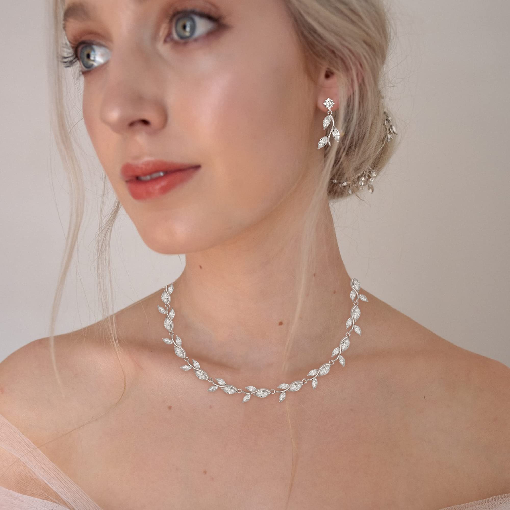 Juegos de Joyas de Mujer Circonio Cúbico Flor Hoja Collar y Pendientes Conjunto para Mujeres, Boda Joyería de Novia Set, Bisutería