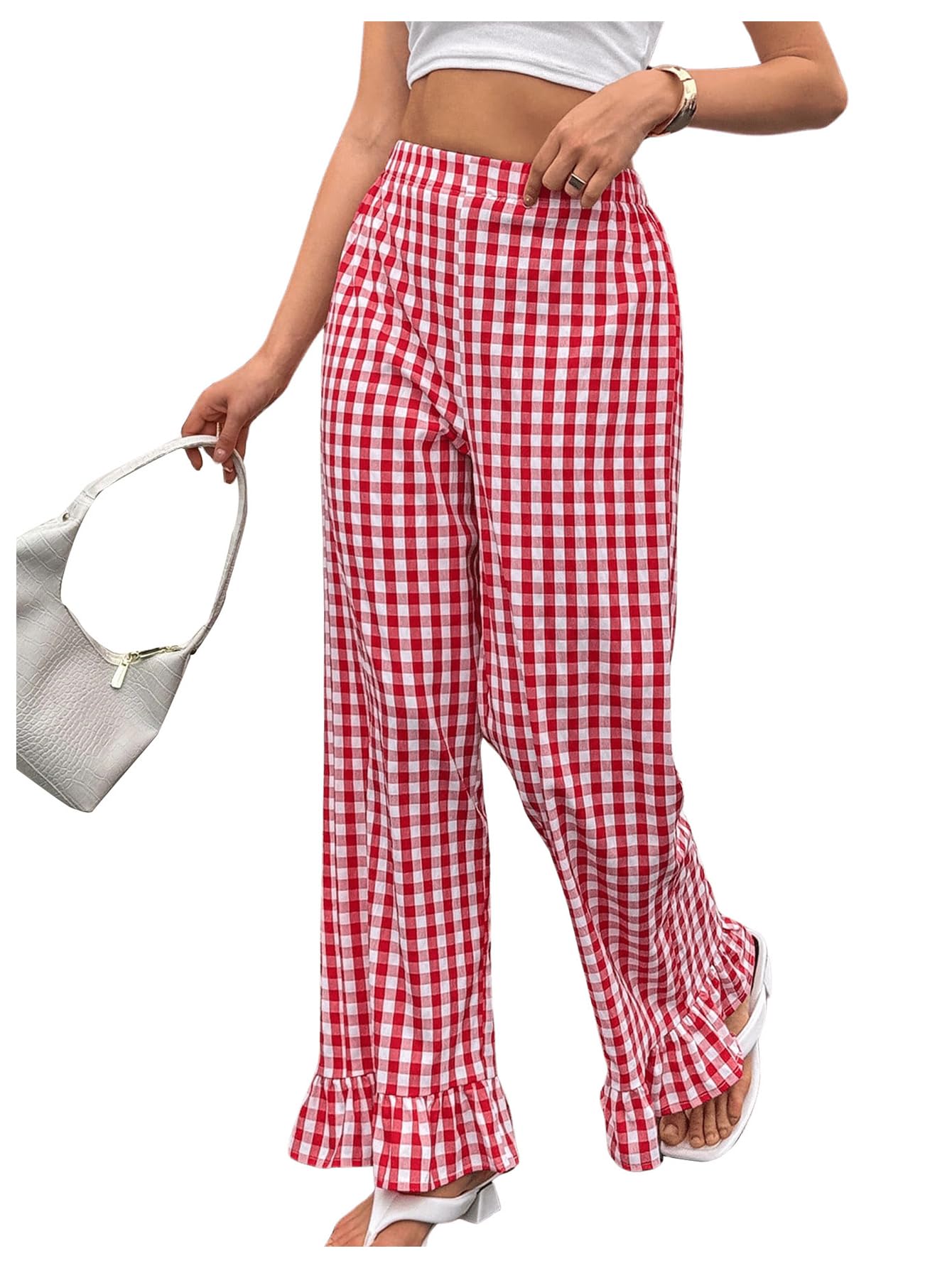 MakeMeChic Womens Gingham Pants Y2K Wide Leg Elastic Waist Ruffle Hem Teacher Trousers Loungewear