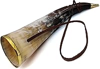 Vista 4 de Vikingo soplando cuerno de buey Batalla Trompeta Silbato Toro medieval Cuerno de sonido de búfalo con anillo de latón Ganado nórdico vikingo Cuerno