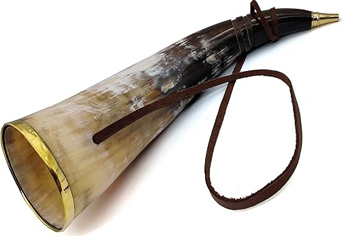 Miniatura 4 de Vikingo soplando cuerno de buey Batalla Trompeta Silbato Toro medieval Cuerno de sonido de búfalo con anillo de latón Ganado nórdico vikingo Cuerno