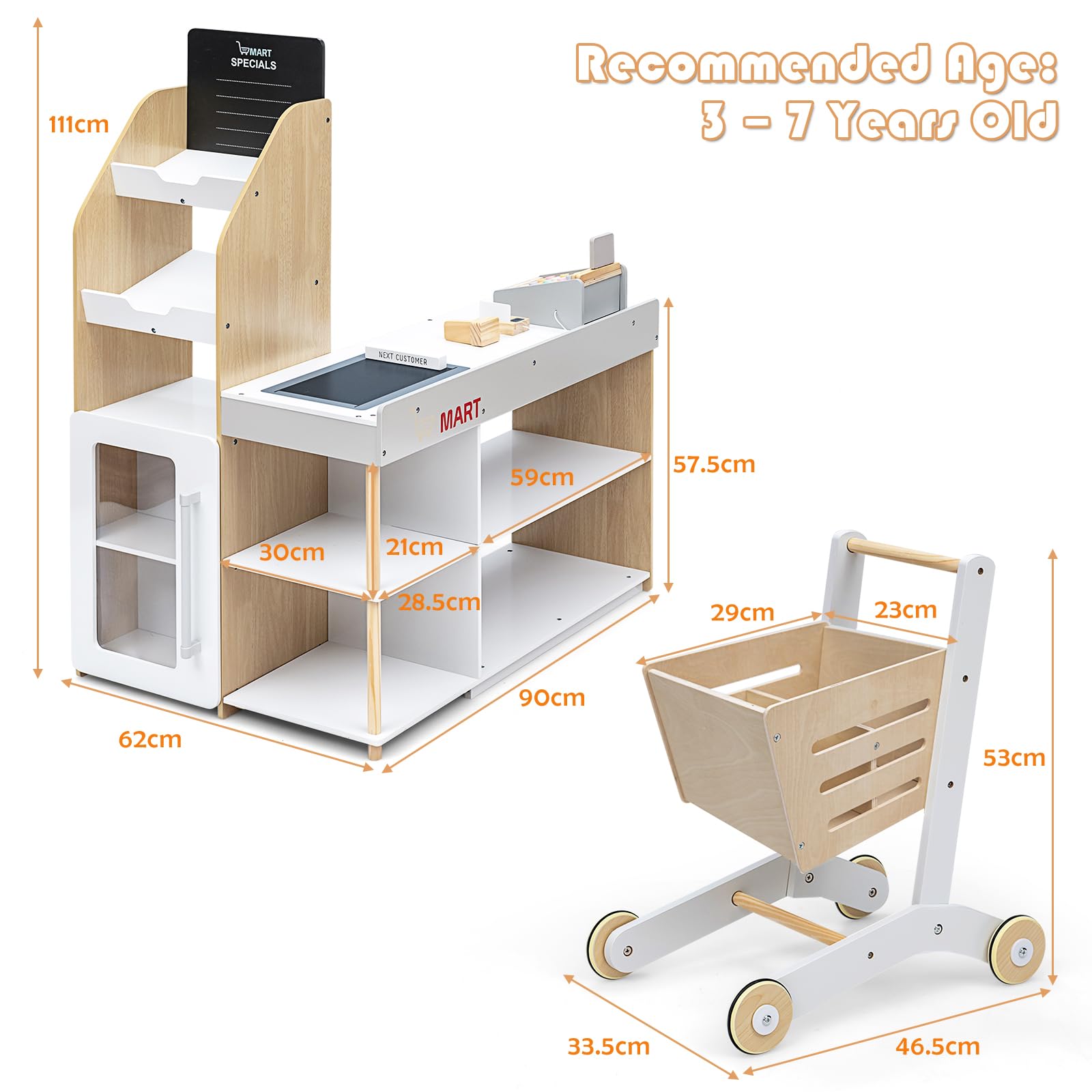 HOMASIS Supermercato Giocattolo con Carrello, Negozio per Bambini con Lavagna, Registratore di Cassa, Scanner, Lettore di Carte, Carta di Credito, Gioco di Ruolo per Bambini dai 3+ Anni, Giallo