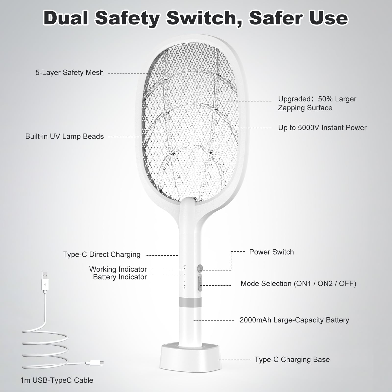 Elektrische Fliegenklatsche 5000V, 2 in 1 USB Type-C Elektrische Mückenklatsche mit Akku Wiederaufladbar & UV Lichtfalle für Mücken, Fliegen, Wespen, Motten