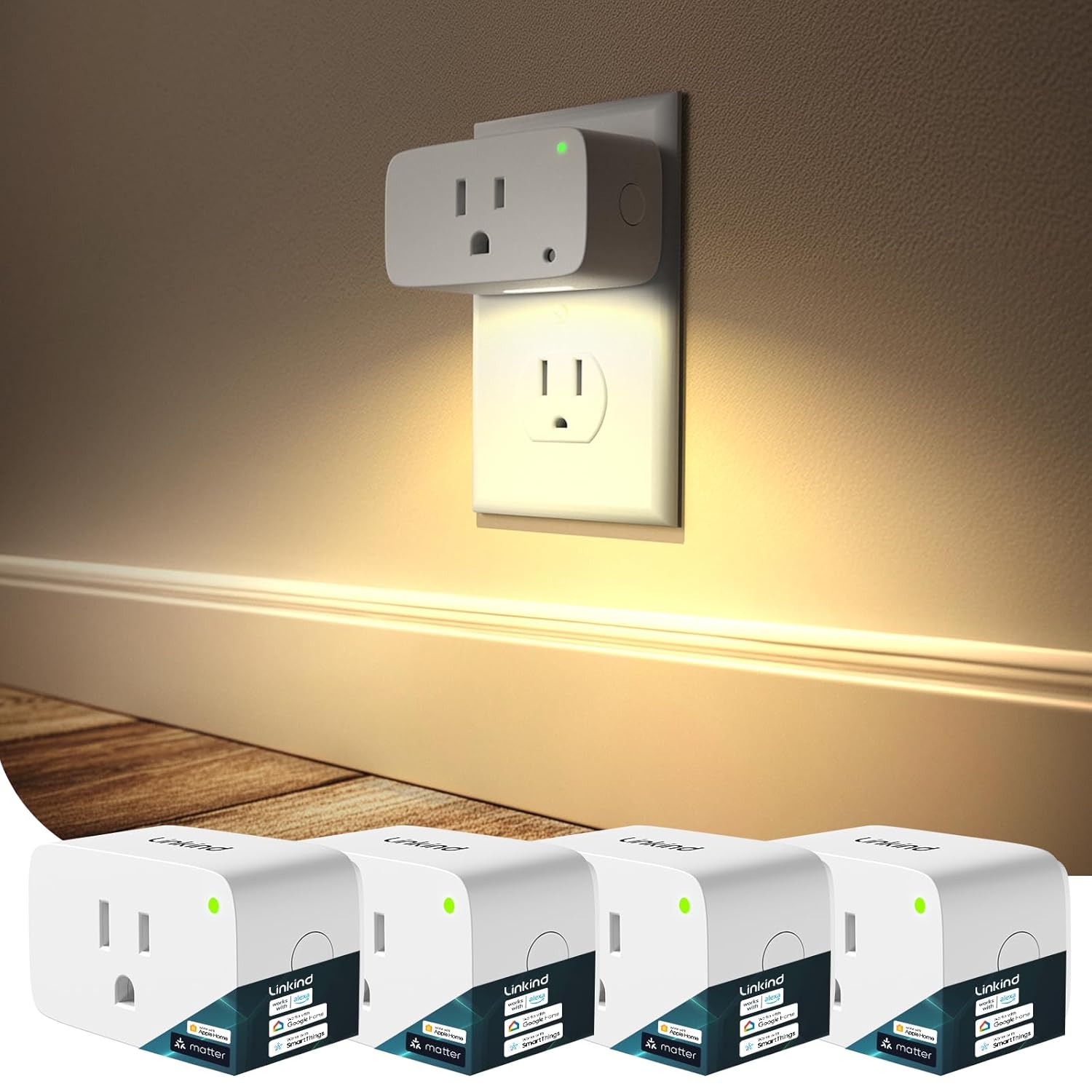 Linkind Matter Smart Plug with LED Night Light, Work with Alexa, Apple Home, Google, Smart Outlet 15A/1800W, Dusk to Dawn, Plug in Wall, Timer&Schedule, ETL&FCC Certified, 2.4GHz Wi-Fi Only, 4