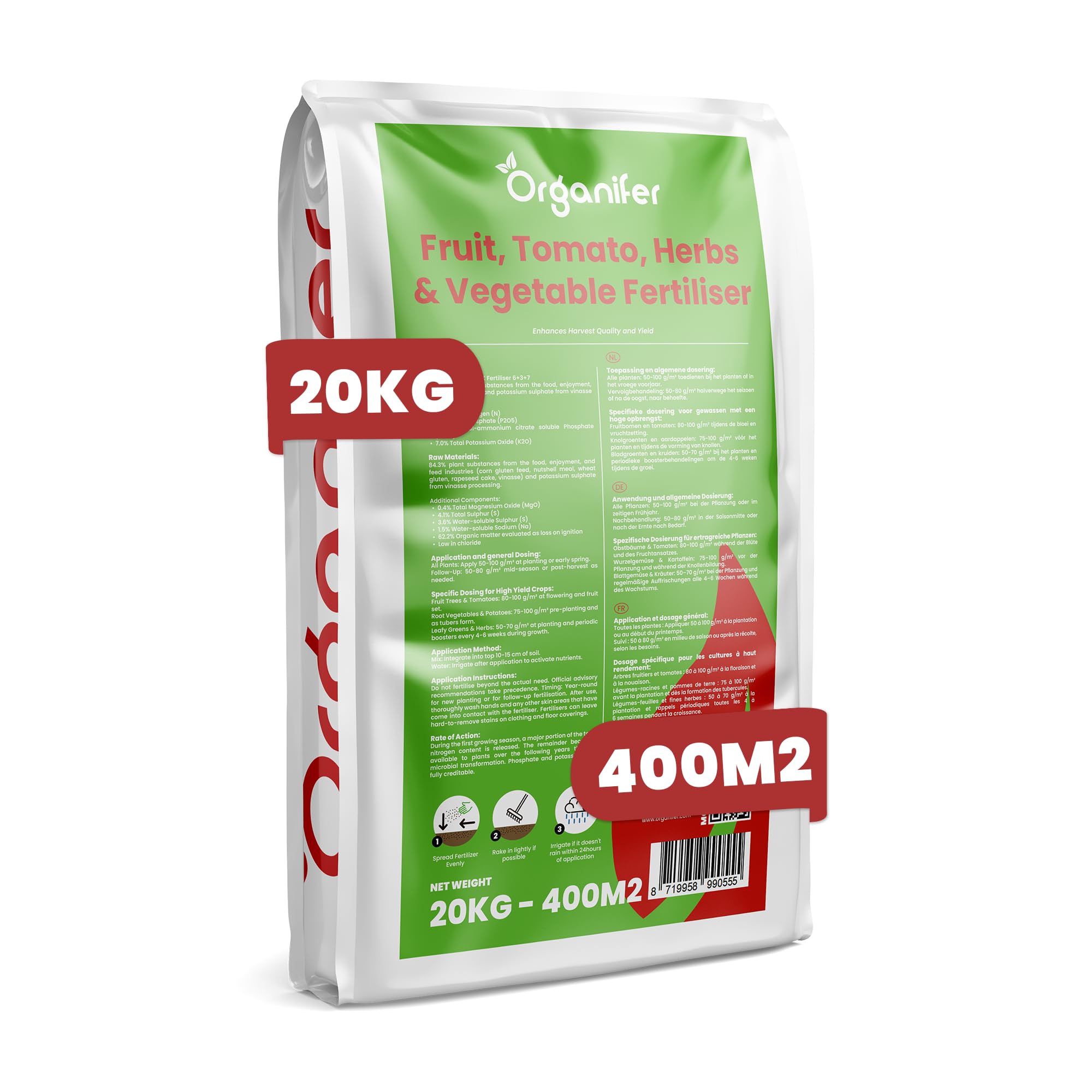 Nawóz Do Owoców - 20kg = 400m2 | Pomidorów - Ziół I Warzyw - All-in-One - Granulki Dla Wzrostu - Wysokich Plonów I Pysznego Smaku - Organifer