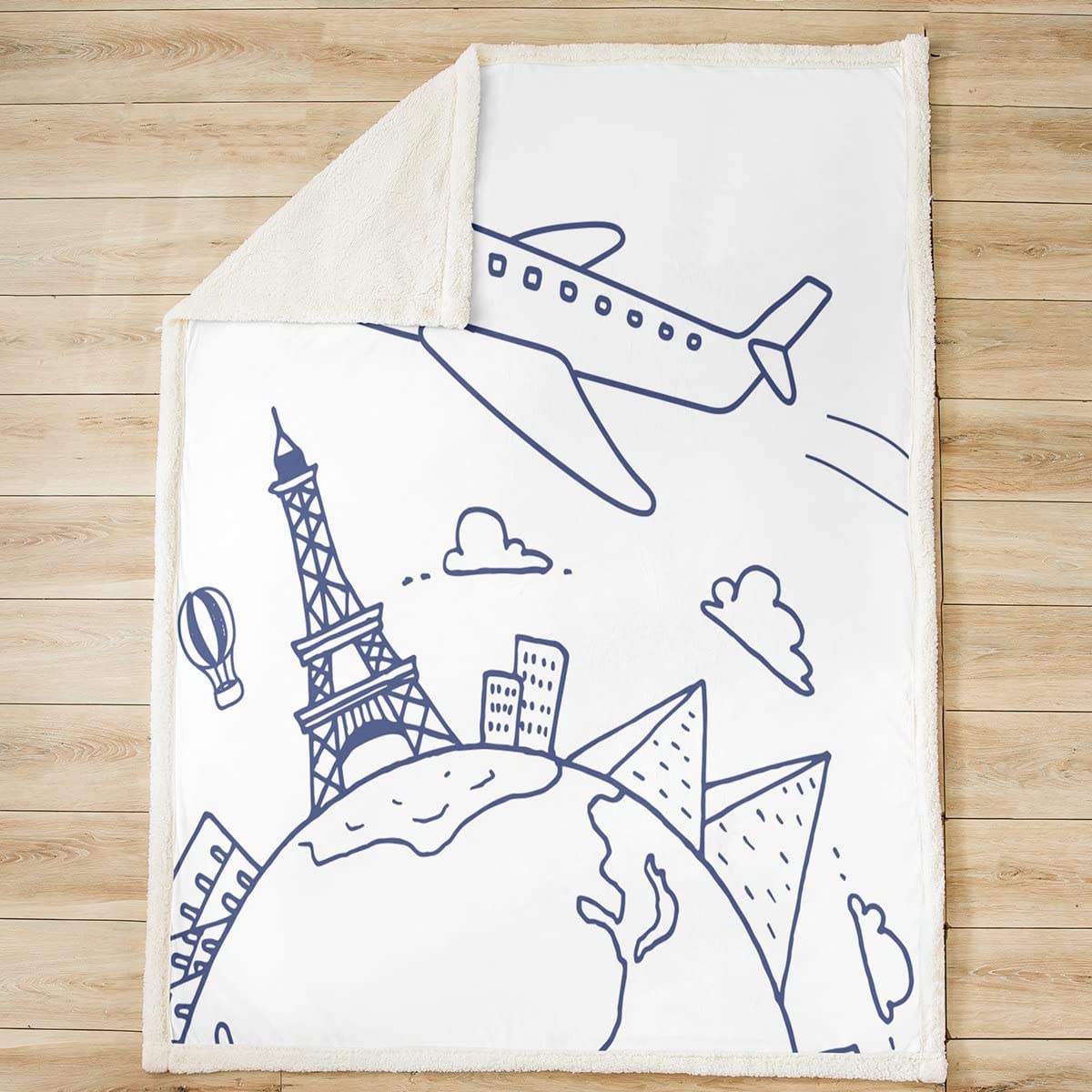 Flight Sherpa Coperta per bambini in pile per aereo, per letto, divano, bambino, torre Eiffel, coperta in microfibra, per aerei di Parigi, blu e bianco, coperta sfocata per camera da letto, regina 20