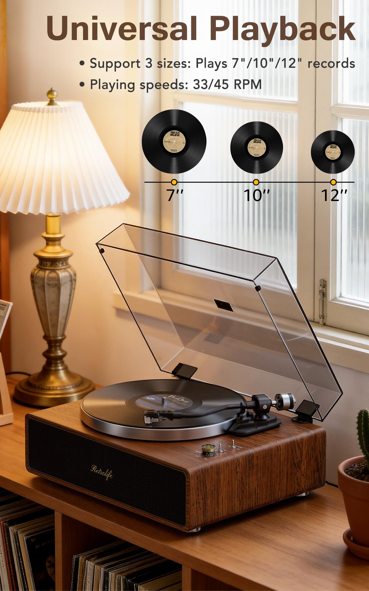 Retrolife Plattenspieler mit Integrierten Lautsprechern Riemenantrieb 33/45 U/min Vinyl Schallplattenspieler Unterstützt Bluetooth-Wiedergabe mit Auto-Stopp Funktion RCA Out und AUX-In Gelb-braun