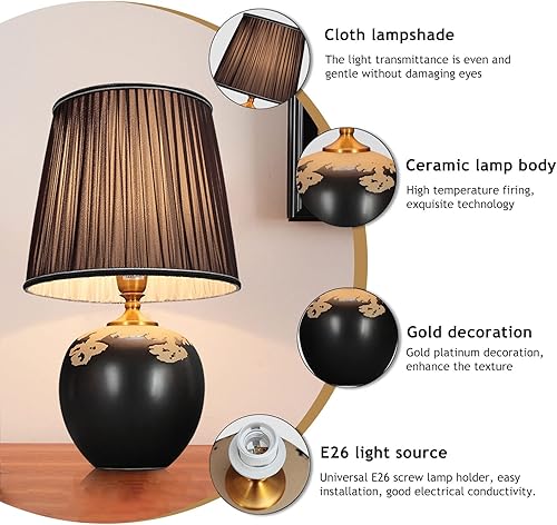 Miniatura 5 de PSXPSXO Lámparas de mesa de cerámica negra pintadas a mano pantalla de tela lámpara de mesita de noche para dormitorio sala de estar oficina