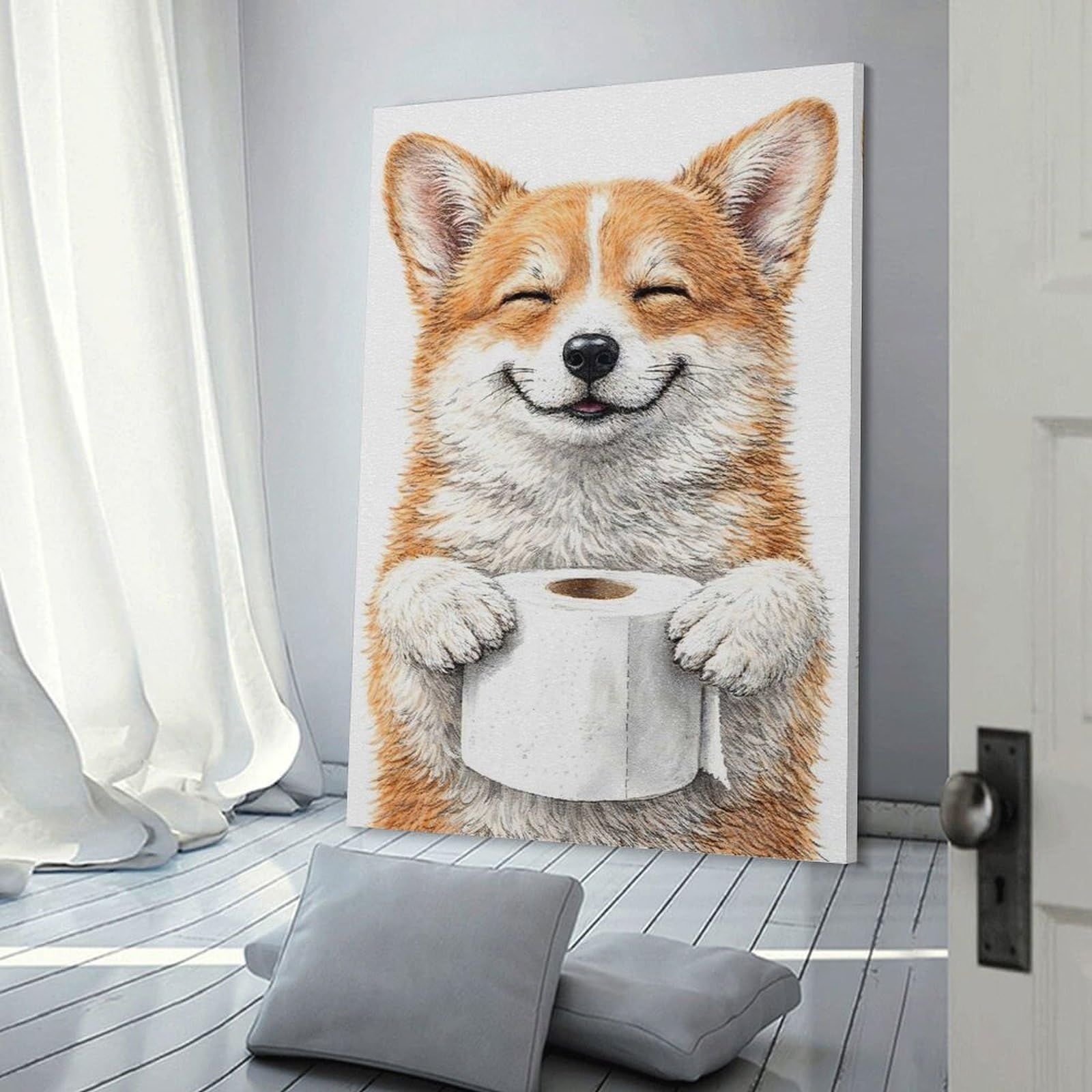 Junmoney Frame-Style-2 Happy Corgi Holding Toilet Paper Room Decor Wall Art, 16X24inch(40X60cm), For Home Office, Desk Area Or Studio, An Interior Accent For Desk Areas