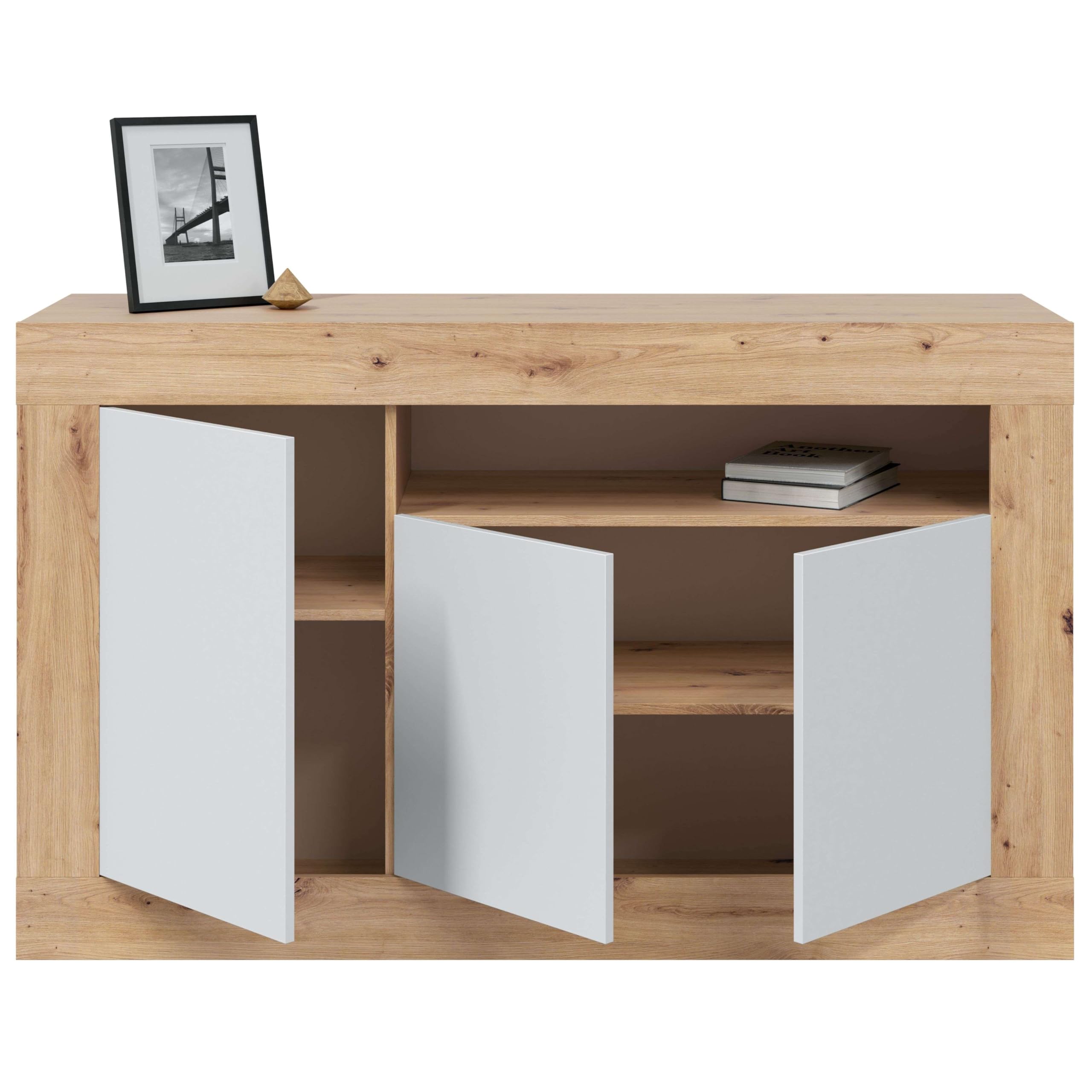 Habitdesign Aparador 3 Puertas, Buffet para Salon, Armario Auxiliar, Modelo Baltik, Acabado en Color Blanco Artik y Roble Nodi, Medidas: 144 cm (Ancho) x 87 cm (Alto) x 42 cm (Fondo)