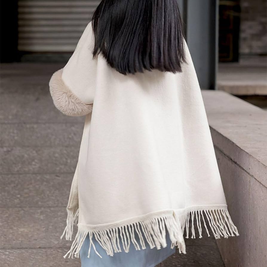 ホワイトポンチョ フォックスファー ウールケープコート エレガント