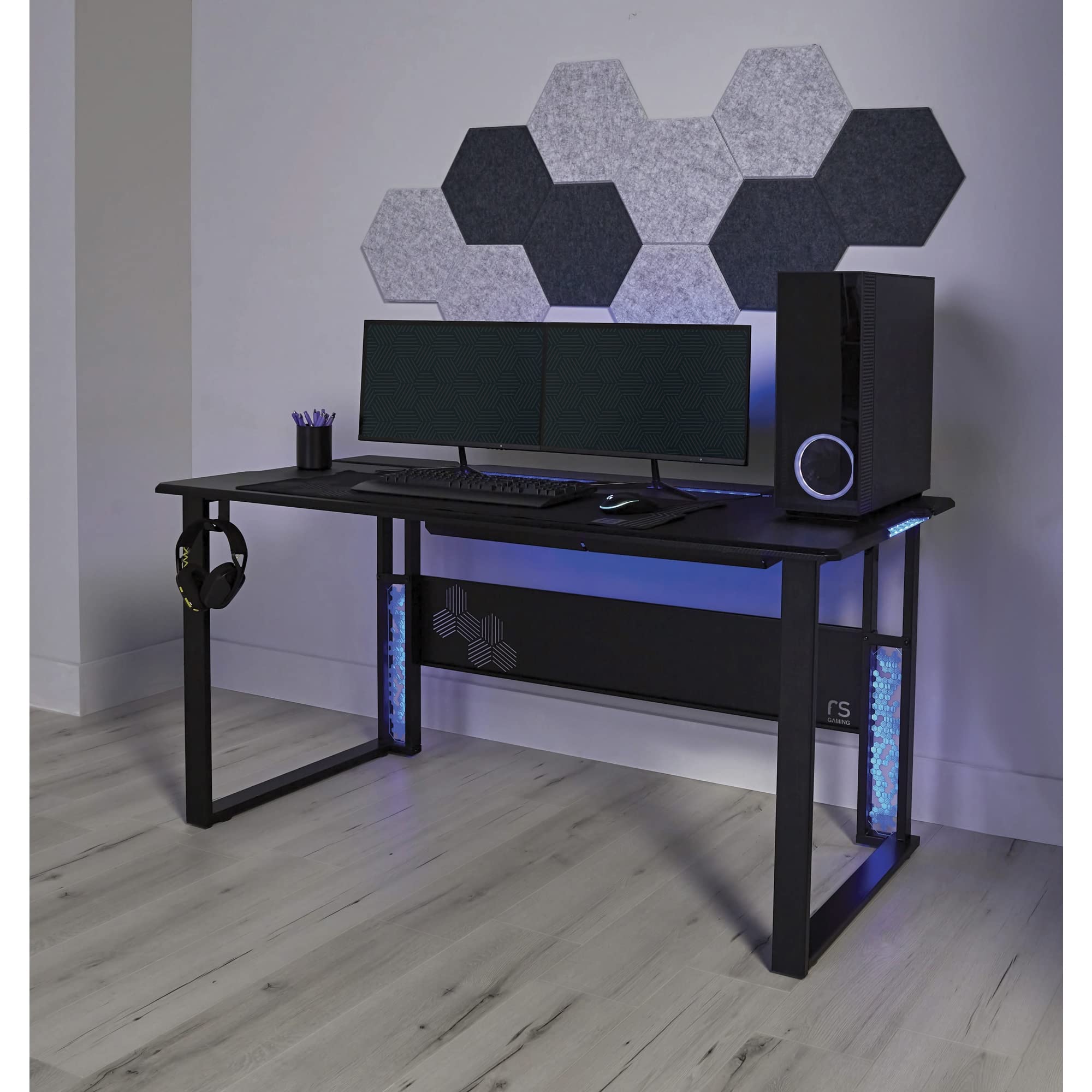 RS Gaming™ Mergence 60"W RGB Gaming Computer Desk With 10 Acoustic Panels, Black
