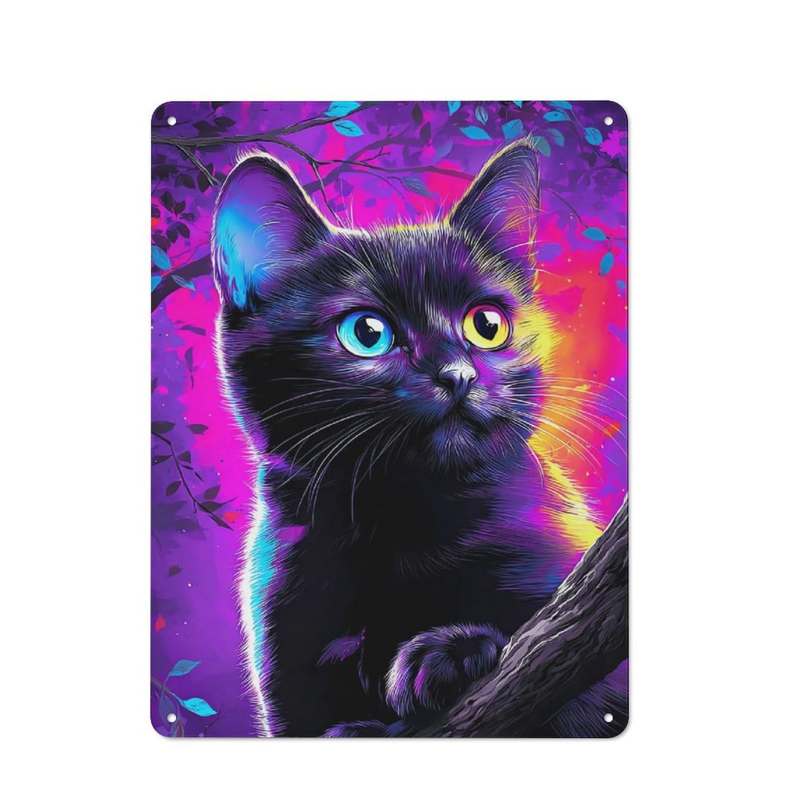 Junmoney Neon Cat In Vibrant Forest Metal Plaque With Design 40X30cm, Cosy Diner Style Decor For Coffee Bar, Kitchen, Bistro Or Tea Corner
