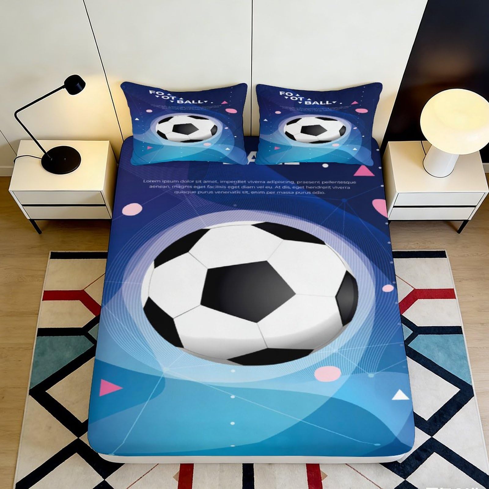 3D Printed Soccer Ball Fitted Sheet Microfiber Soft Blue Football Bed Cover for Bedroom Dorm Mattress Decor 90x200x25cm