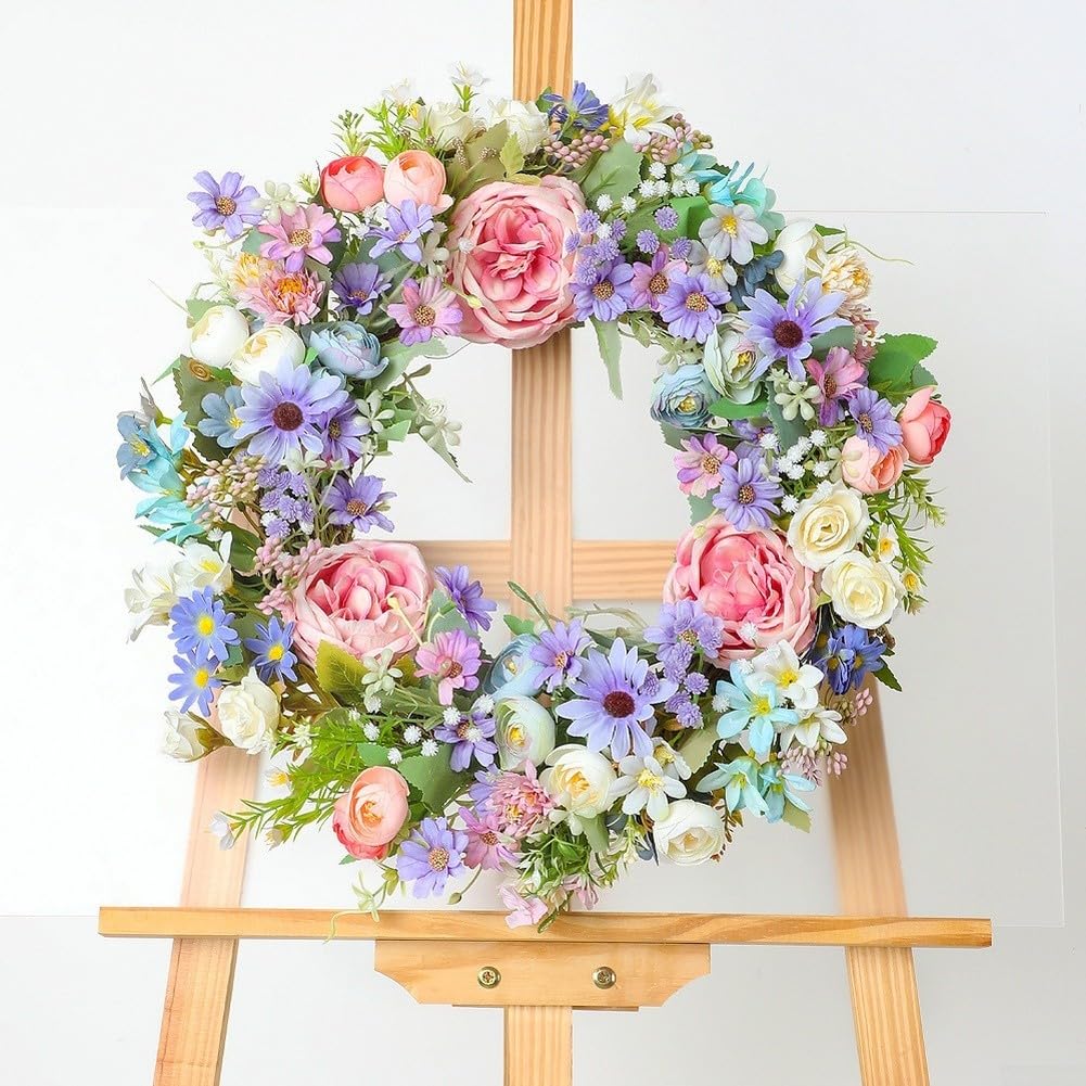 Künstlicher Seidenkranz mit elegantem Pfingstrosen- und Chrysanthemen-Arrangement, entworfen für Innenwand oder Tür