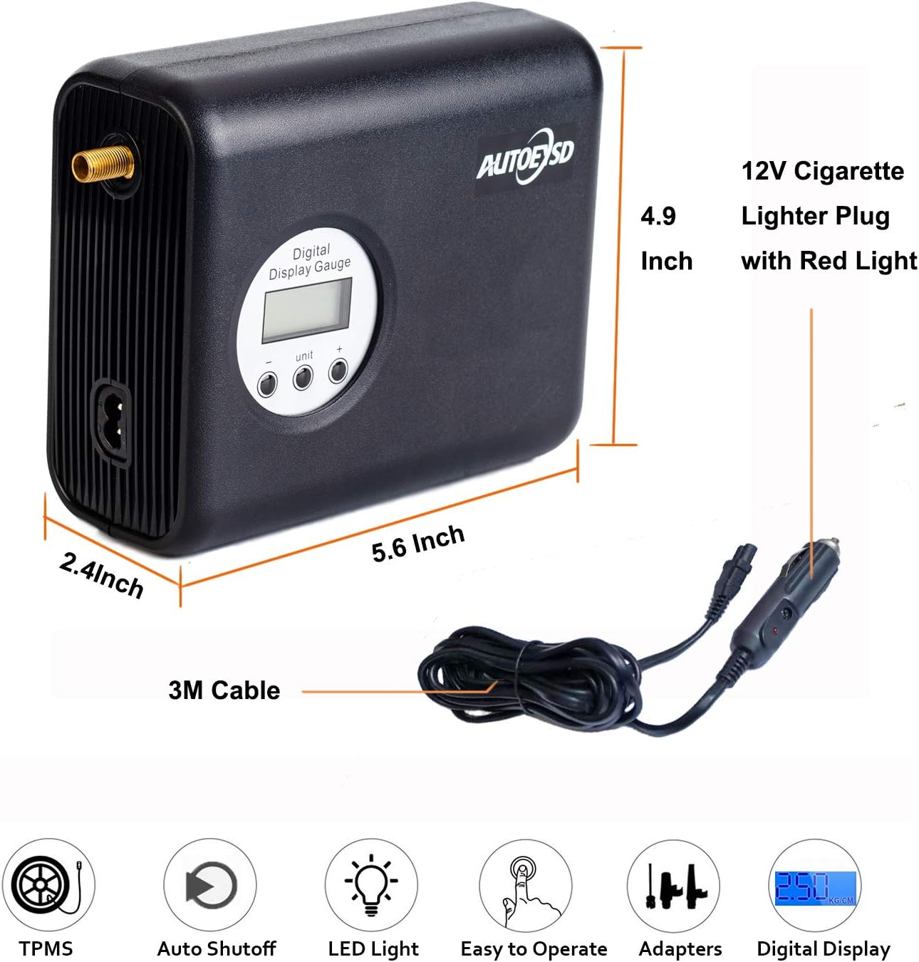 AUTOEYSD Portable Car Air Compressor Pump, Multi-Function Electric Tire Inflator 12V with 3 Additional Adaptors and LED Work Lights for Car, Bike,Ball,and Other Inflatables(AP01 Black Display Color)