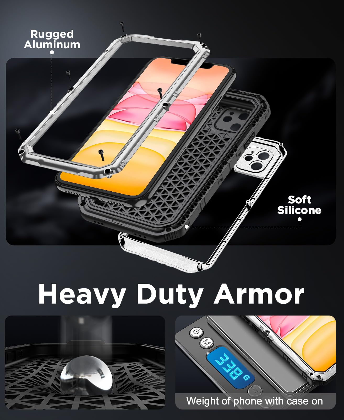 Beeasy Funda para iPhone 11 Impermeable Antigolpes Militar Metálica - IP68 Waterproof Agua Sumergible Acuatica, 360 Grado Completa Protectora, Irrompible Resistente Armor Carcasa, Plateado