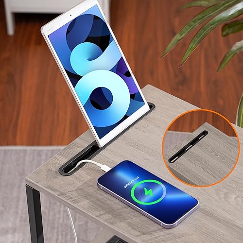 Miniatura 6 de Heybly Mesa auxiliar en forma de C con estación de carga, soporte para teléfono, 2 puertos USB y tomas de corriente, mesas de sofá para espacios