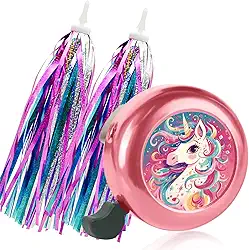 Sino de bicicleta infantil com 2 peças de serpentinas de bicicleta para meninas, acessórios fofos de bicicleta infantil (sino de unicórnio rosa + borlas)
