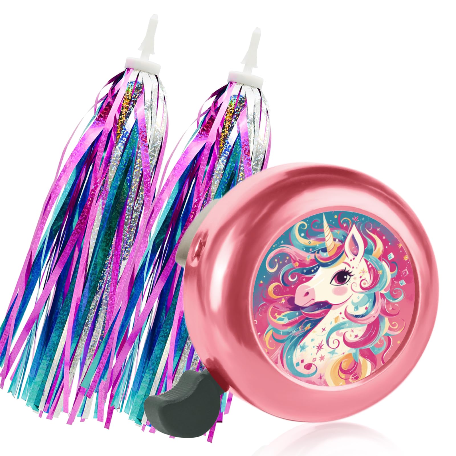 Kids Bike Bell with 2 Pcs Bike Streamers for Girls, Cute Children's Bicycle Accessories (Pink Unicorn Bell+Tassels) โ image 1