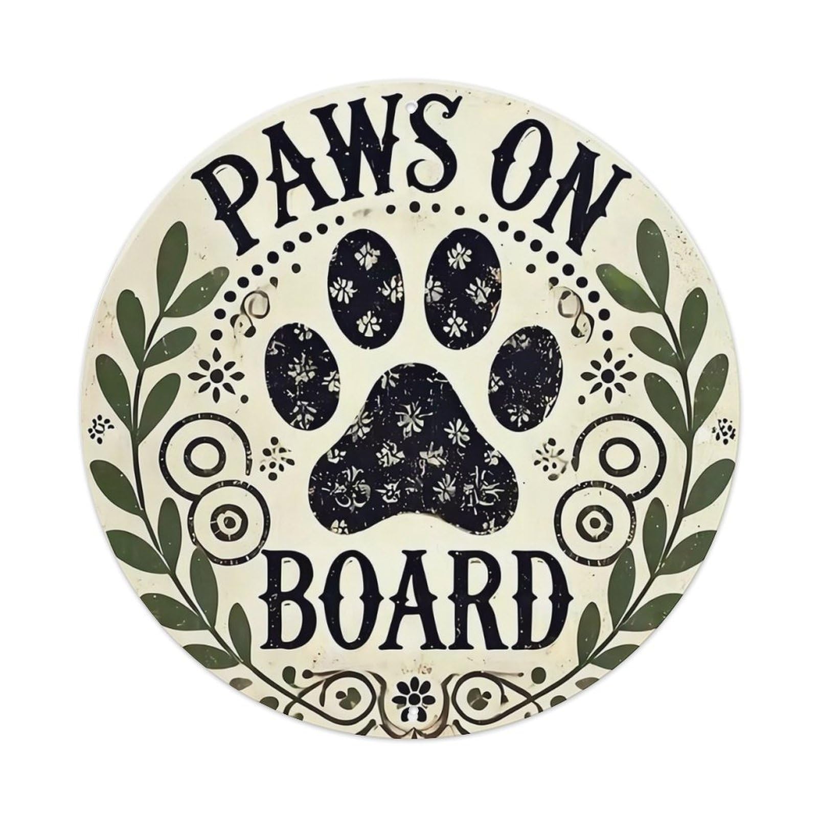 Paws On Board Paw Print Pattern Round Metal Tin Sign Vintage Wall Decor, Bar Garage Cafe Kitchen Home Wall Art Poster 8x8inches