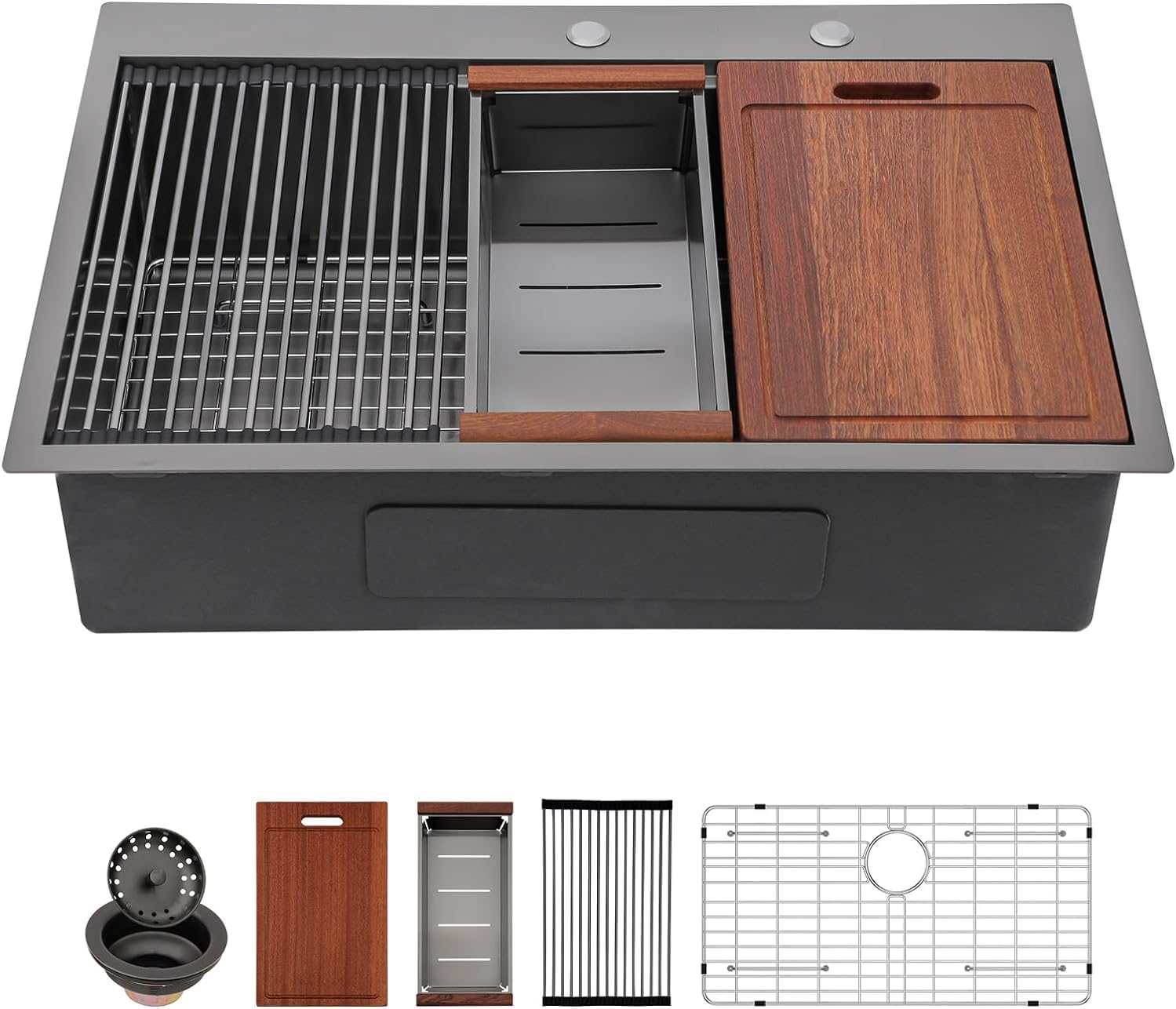 Sarlai 33 Inch Black Drop In Kitchen Sink Workstation - 33x19 Drop In Kitchen Sink Black Stainless Steel Topmount Workstation Sink 16 Gauge Deep Single Bowl Top-mount Kitchen Sink product image