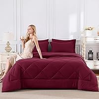 Vista 7 de CozyLux Juego de edredón de tamaño Queen, rojo burdeos, toda la ropa de cama en una sola bolsa, 7 piezas: edredón, fundas de almohada y de almohada