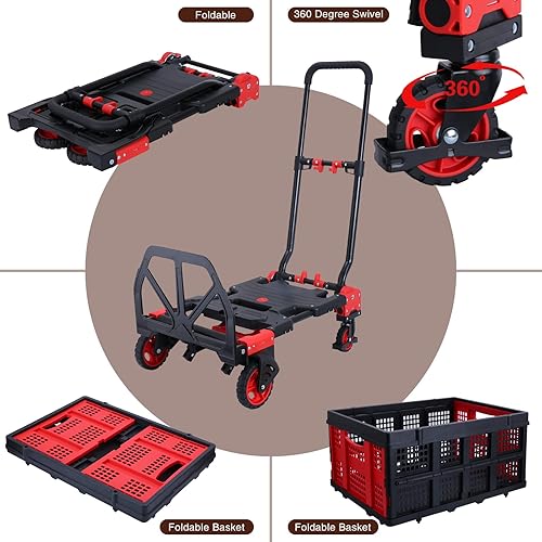 Miniatura 4 de Carro de mano 2 en 1 plegable con cesta plegable, carretilla de mano de capacidad de 330 libras, carrito de mano plegable con 4 ruedas, carrito con