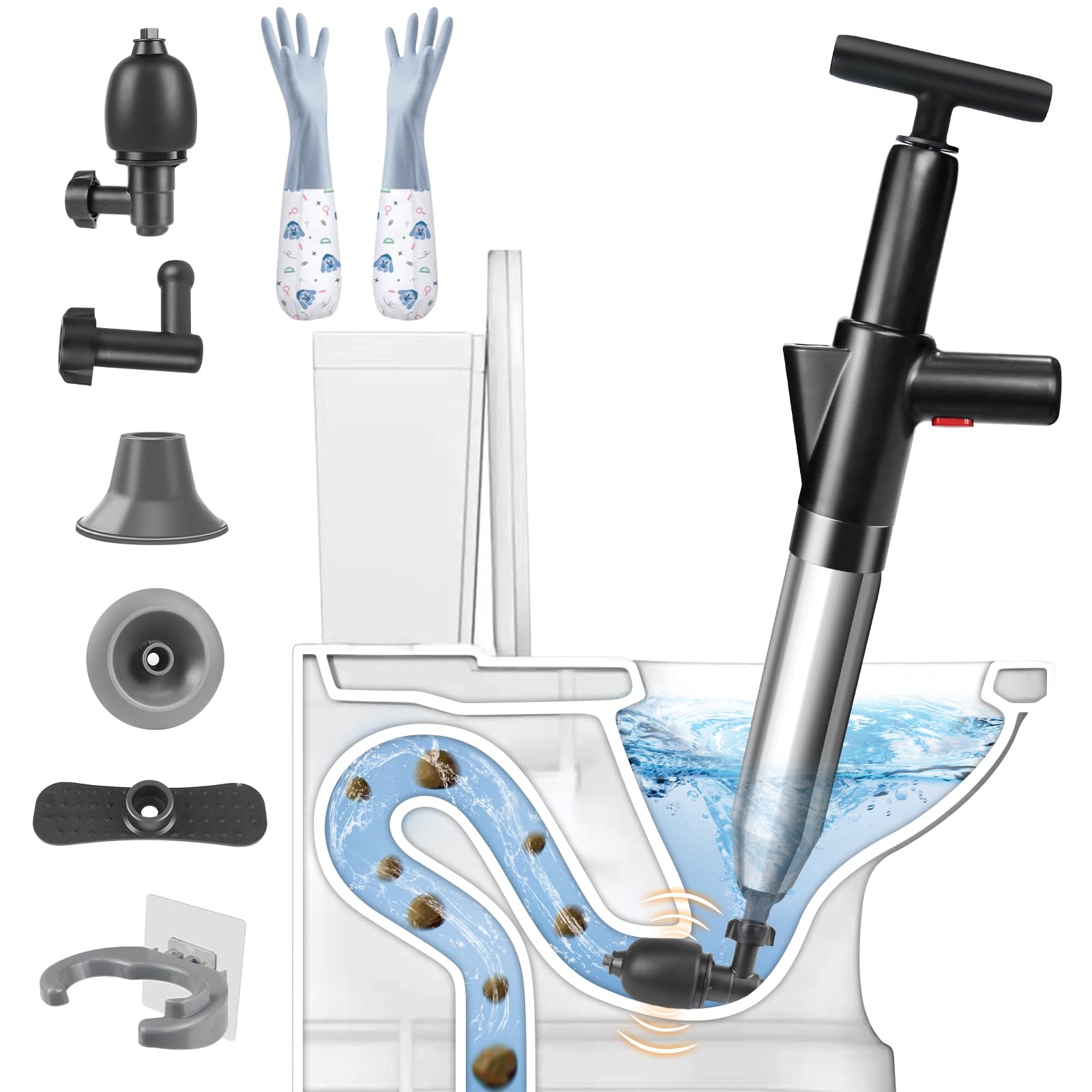 inShareplus Deboucheur WC 5-en-1 à Haute Pression avec Baromètre – Déboucheur Canalisation avec 4 Ventouses, Gants et Crochet, pour Toilette, Lavabo, Baignoire, Sol – Noir