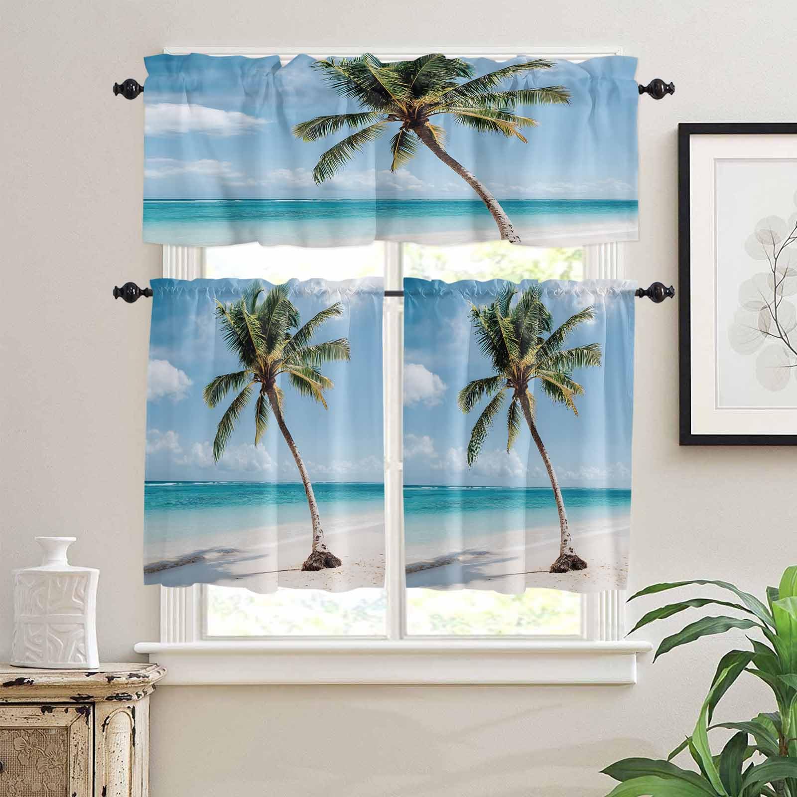 Summer Beach Kitchen Curtains 36 Inch Length, 3 Piece Rod Pocket Small Half Tiers and Valance Set, Botanical Tropical Tree Ocean Blue Sky Small Large Window Treatment Decor for Bedroom/Bathroom Sink