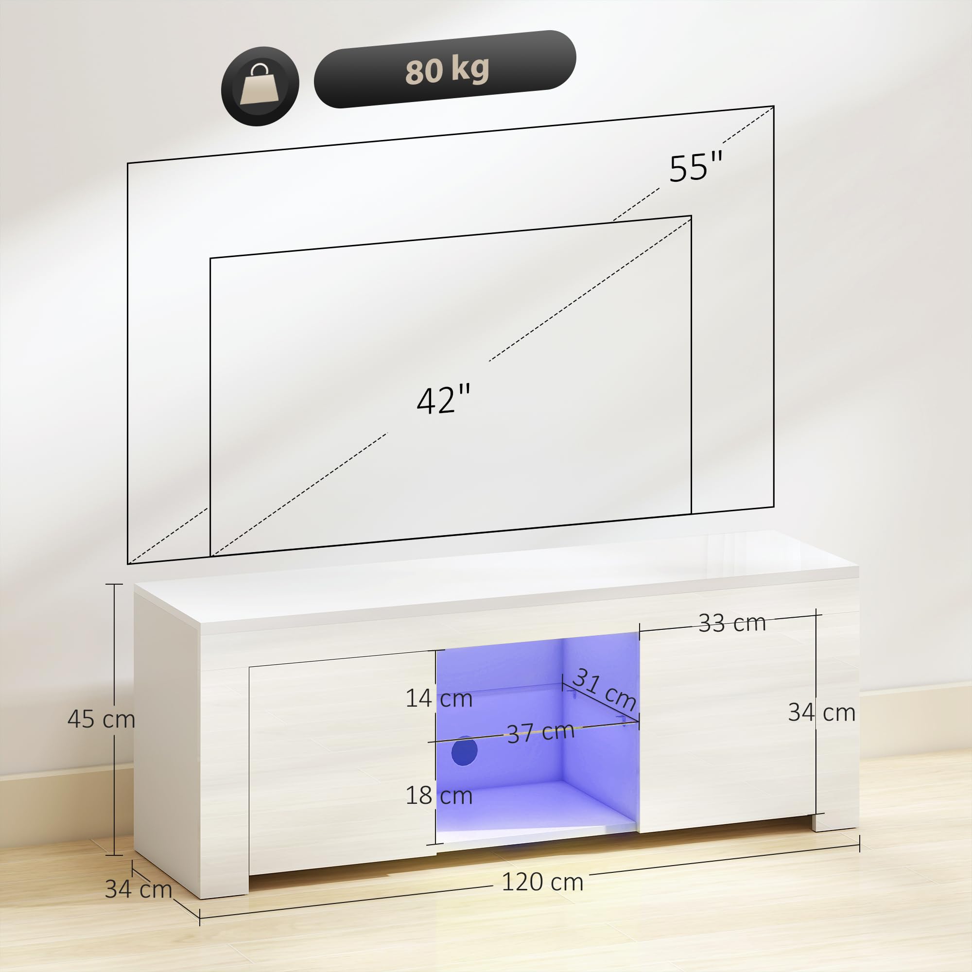 HOMCOM Meuble TV avec LED, pour TV 55 pouces, blanc, 120x34x45cm