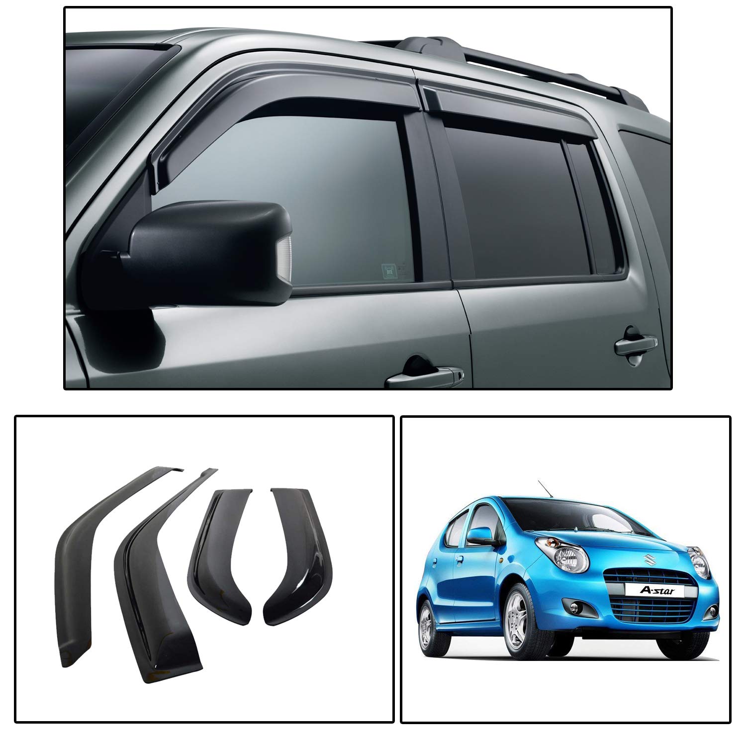 Oshotto Car Rain Wind Door Visor Side Window Deflector Compatible with Maruti Suzuki Astar (Set of 4), Black