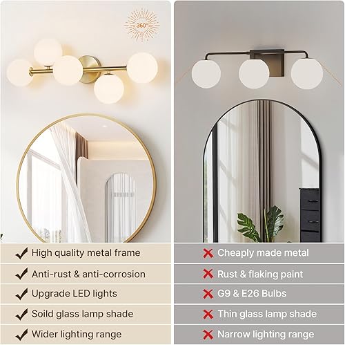 Miniatura 4 de Lámpara de baño, luz dorada cepillada sobre espejo con pantallas de vidrio blanco leche, apliques de pared LED regulables para pasillo, entrada,