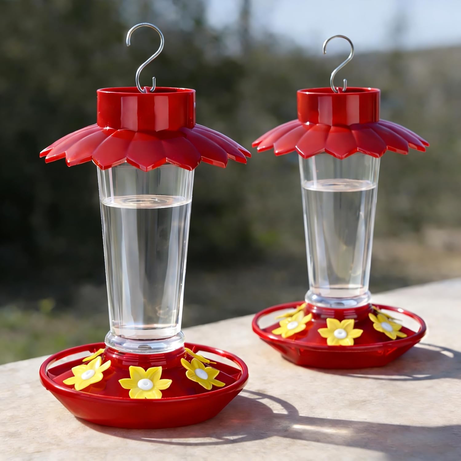 Fchstaer Plastic Hummingbird Feeders for Outdoors Hanging, 2 Pack 10 OZ Clear Humming Bird Feeder with 6 Feeding Ports and Perch, Built-in Ant Moat, Gifts for Women Garden Decor