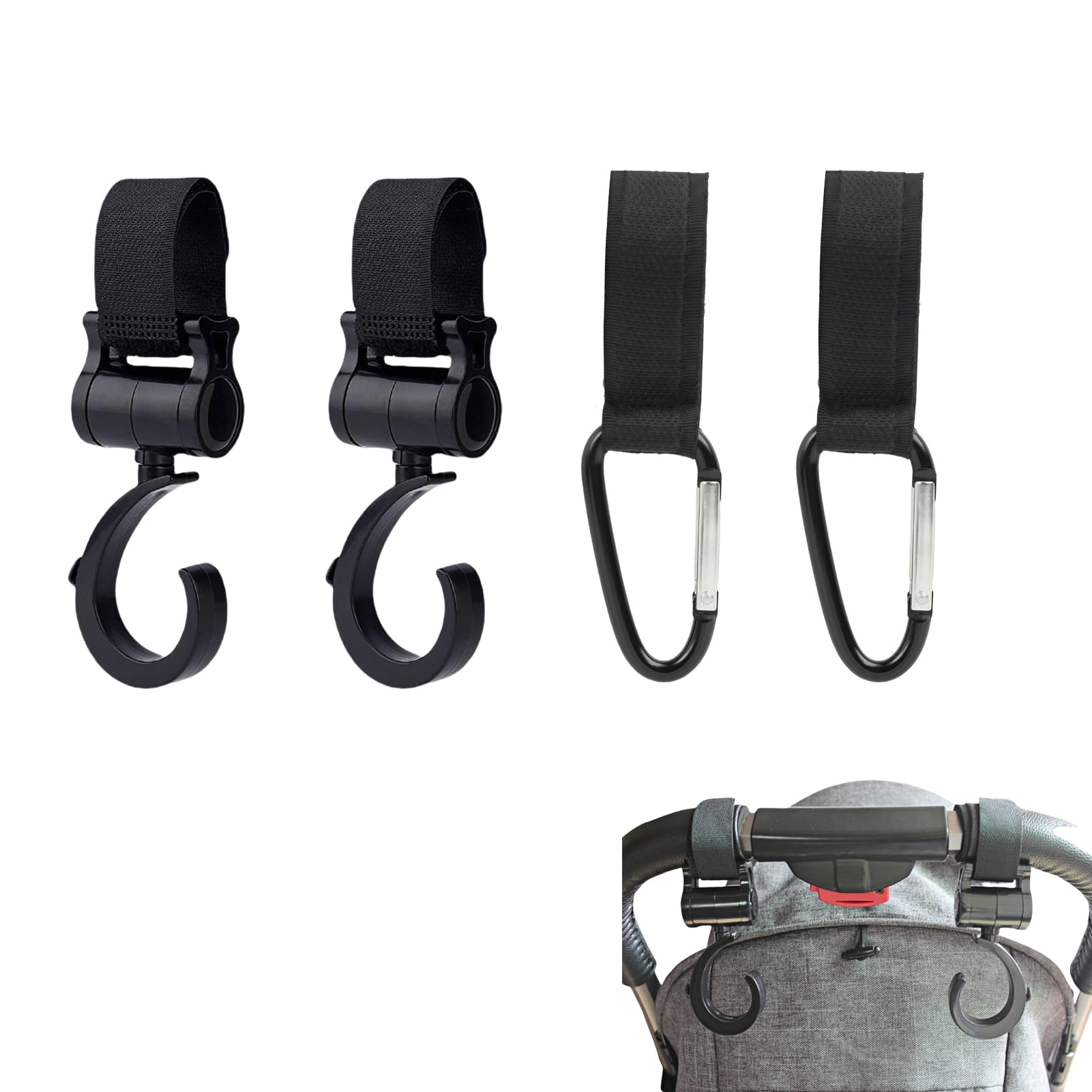 4 Stück - Kinderwagen Haken Set, Robuste Taschenhalter für Wickeltaschen, Einkaufstaschen - Universelle Passform, Sicherheitsverschluss - Vielseitiges Kinderwagenzubehör für Eltern unterwegs