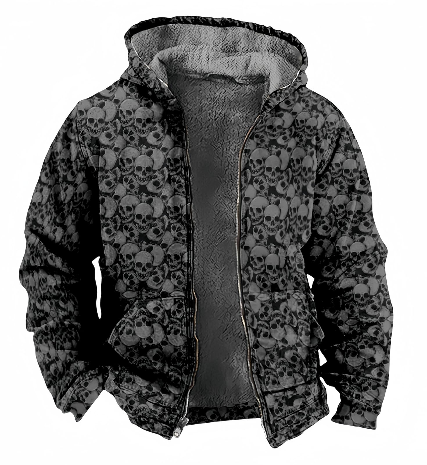 Skull Printing Hoodies for Men Casual Sherpa Warm Fleece Hoodie Jacket Sweatshirt Full Zip Coats