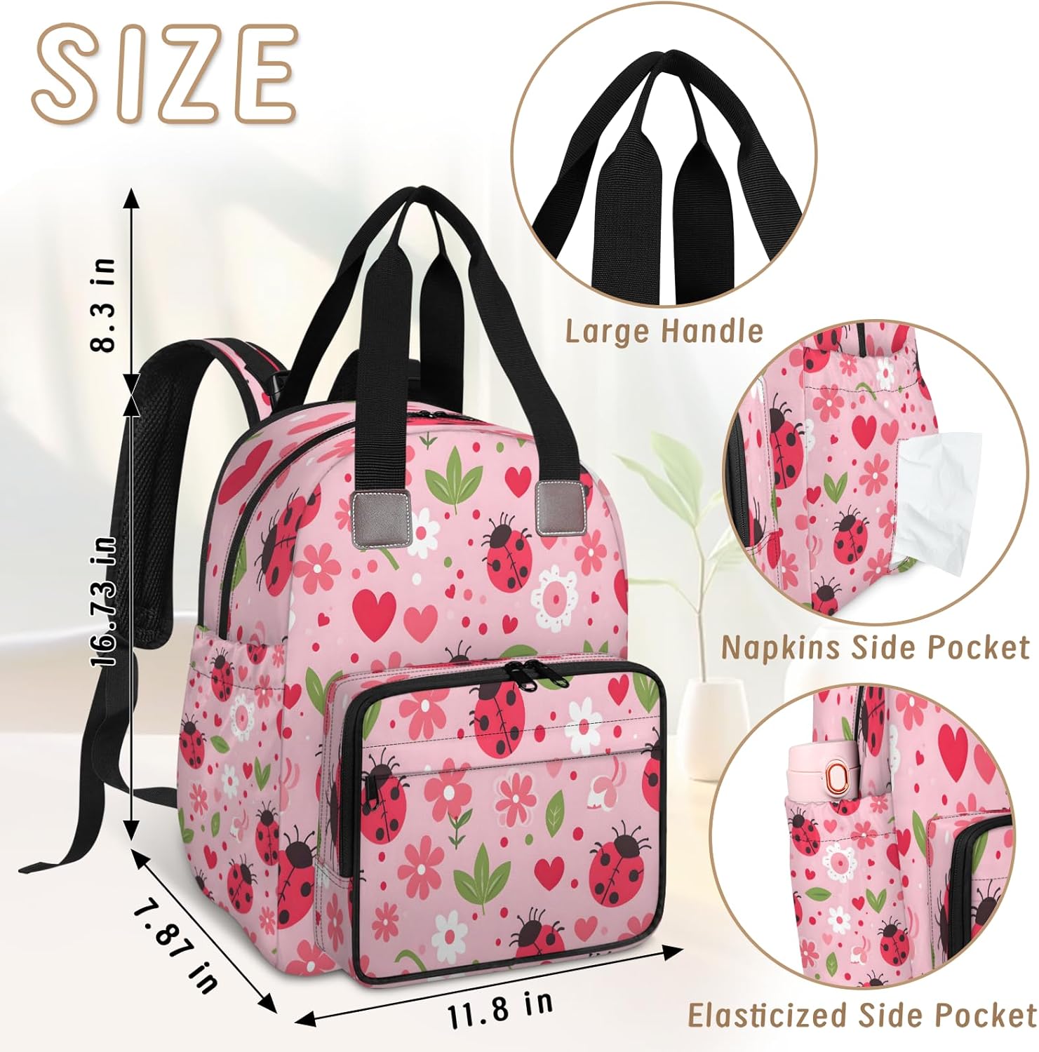 Floral Ladybugs Diaper Bag Backpack Essentials Travel Tote Bag Waterproof Backpacks for Women Men with Charging Port, Insulated Bottle Holders
